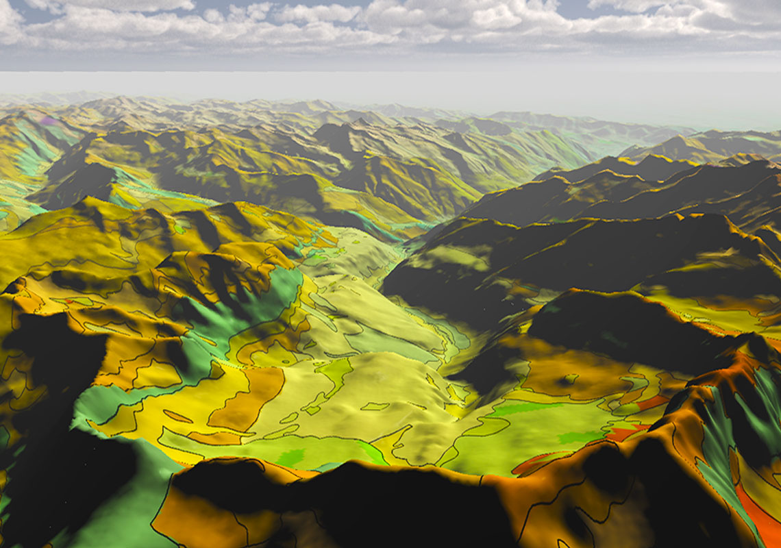 Extrait de la carte géologique RGF (Référentiel géologique de la France) des Pyrénées à 1/50 000 drapée sur modèle numérique d’altitude (Pyrénées, 2015). © BRGM