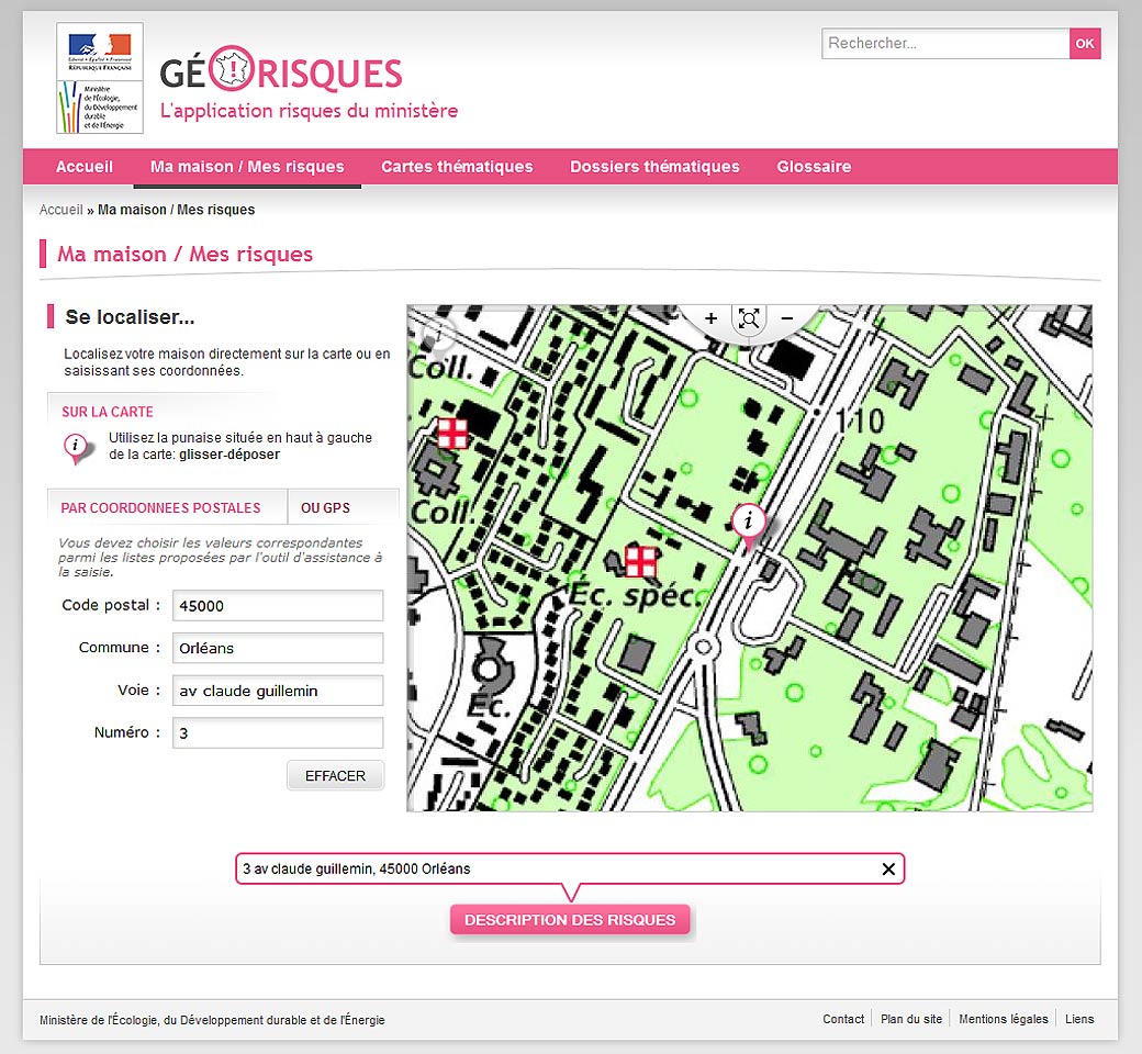 Interface du service MaMaisonMesRisques  sur le portail Géorisques. © BRGM