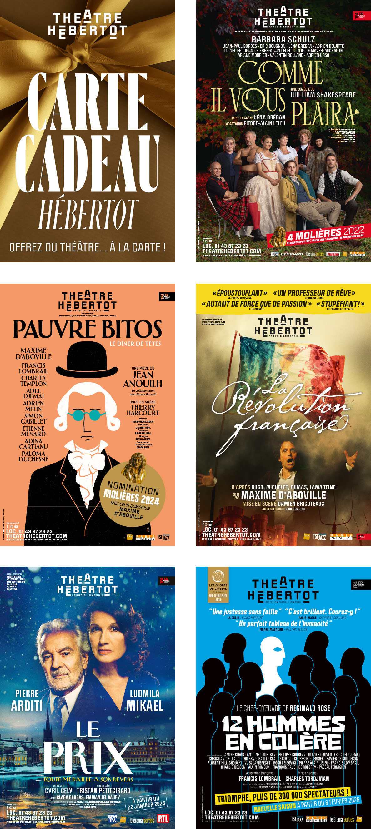 Carte cadeaux et Spectacles au Théâtre hébertot : Comme il vous plaira, Pauvre Bitos, La révolution Française, Le prix, 12 hommes en colère